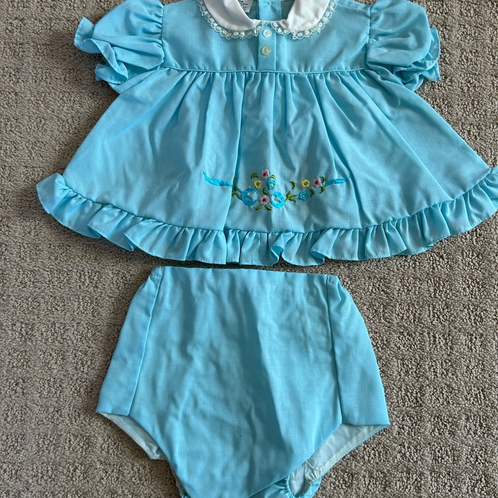 Blue Baby Dress and Bloomer Set with Floral Embroidery